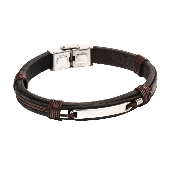 Stainless Steel Brown&amp;Black Leather Strand ID Bracelet