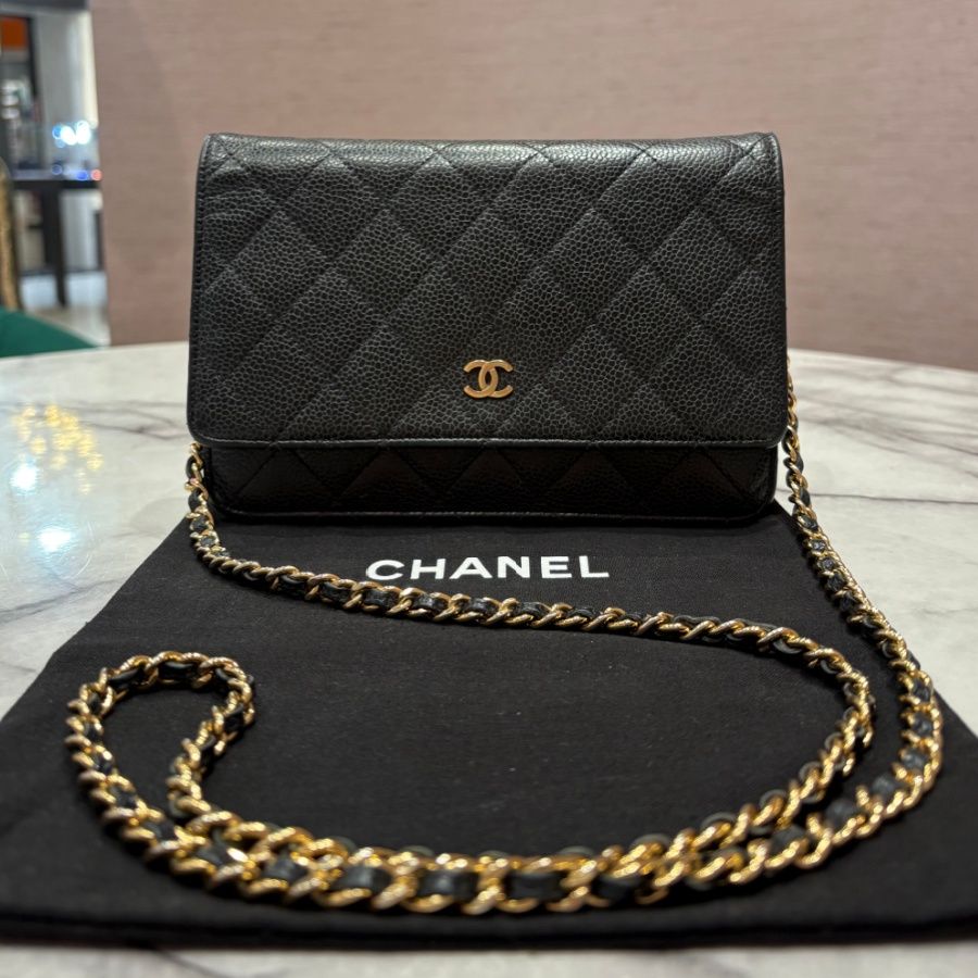 Pre-Owned Chanel Classic Wallet on Chain, Black Caviar, Gold Hardware