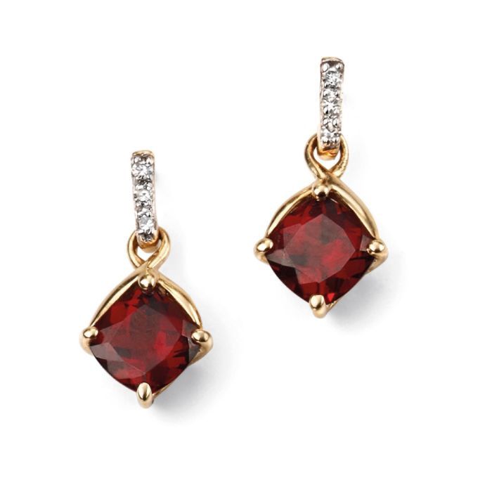 9ct Yellow Gold Square Garnet Drop Earrings with Diamond
