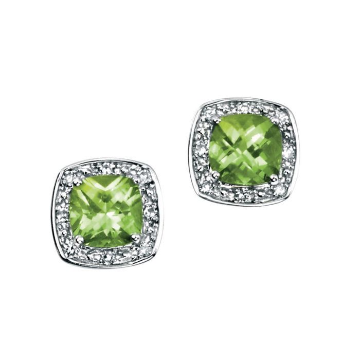 9ct White Gold Cushion Cut Peridot Earrings with Diamond Surround