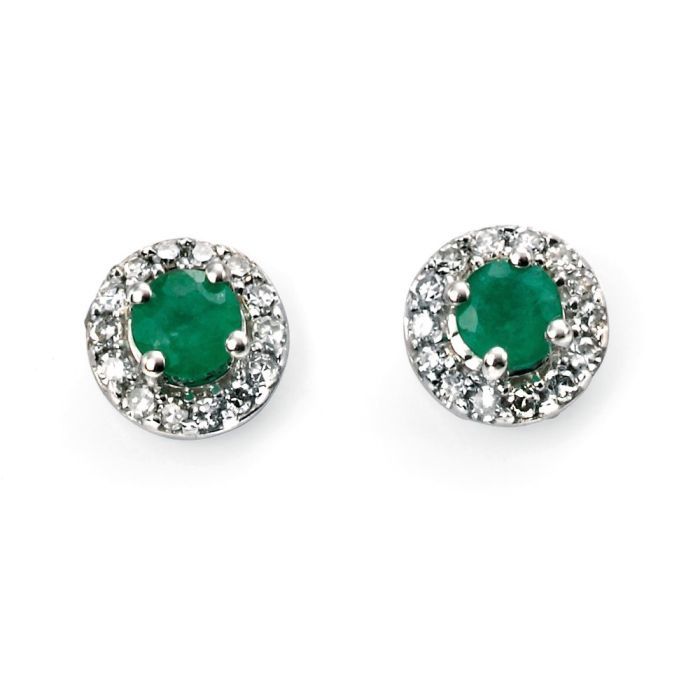 9ct White Gold Round Emerald Earrings with Diamonds