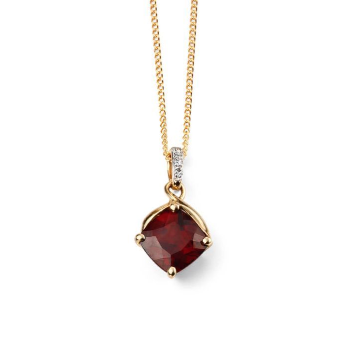 9ct Yellow Gold Square Garnet Drop Pendant with Diamond Set Bale