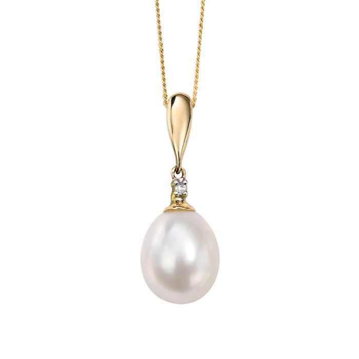 9ct Freshwater Pearl and Diamond Drop Pendant