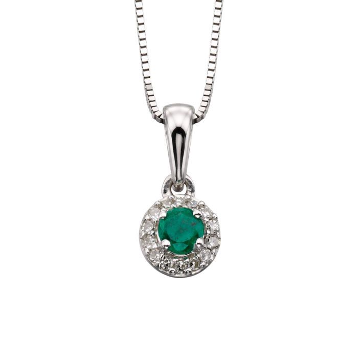 9ct White Gold Round Emerald Pendant with Diamonds
