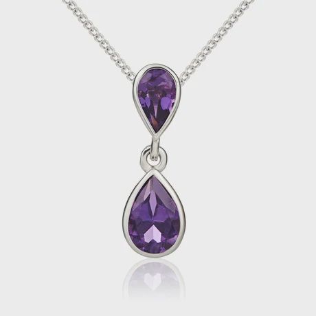 9ct White Gold Pear Shaped Amethyst Rubover Double Drop Pendant