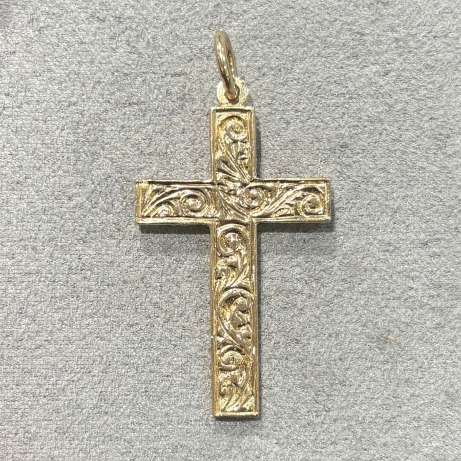 Pre-Owned 9ct Yellow Gold Engraved Patterned Cross 9g