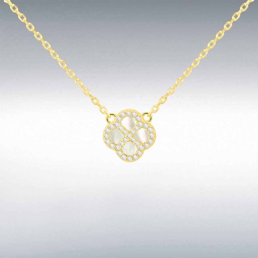 Sterling Silver Yellow Gold Plated Clover Mother Of Pearl and White CZ Adjustable Necklace