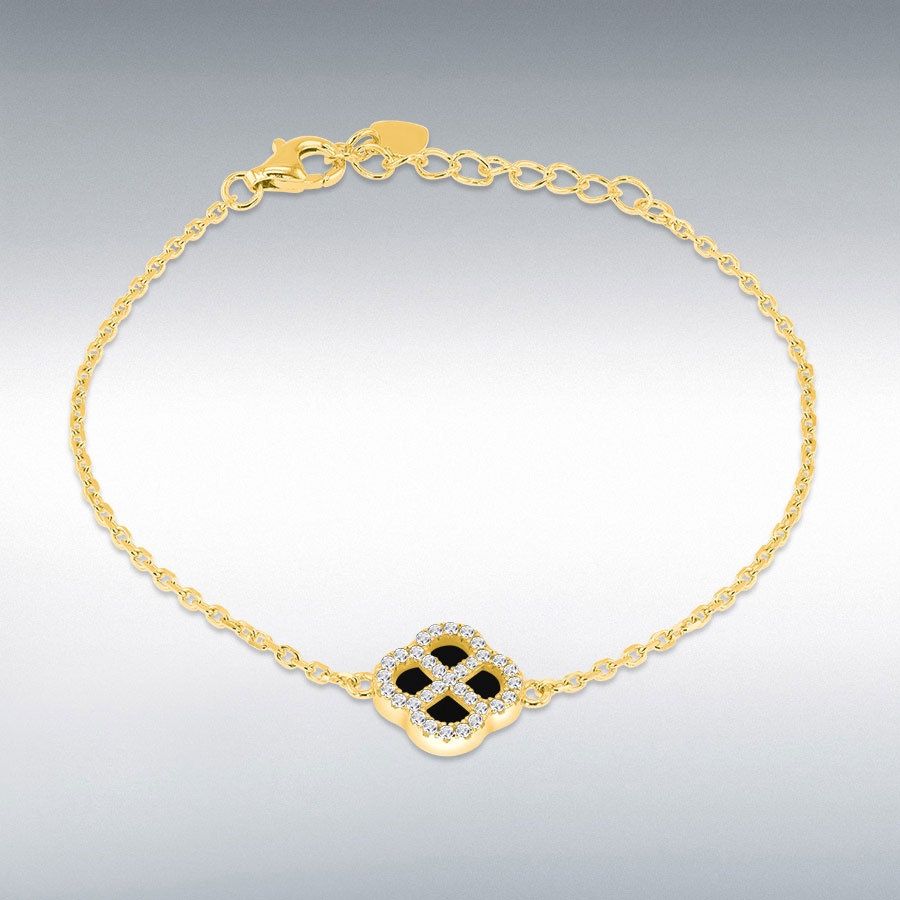 Sterling Silver Yellow Gold Plated Clover Black Agate and White CZ Adjustable Bracelet