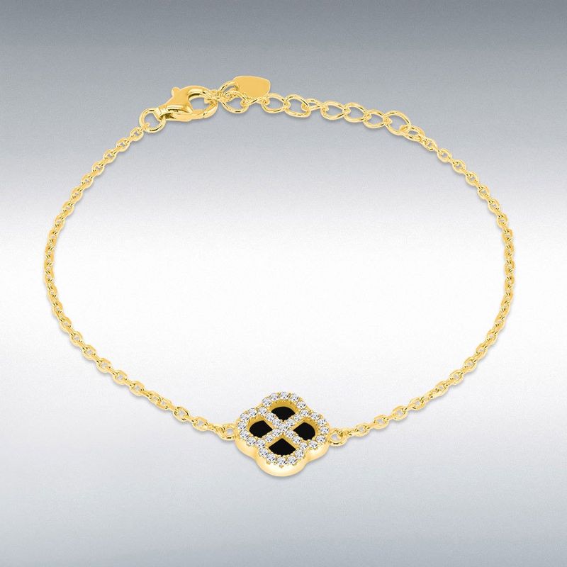 Sterling Silver Yellow Gold Plated Clover Black Agate and White CZ Adjustable Bracelet