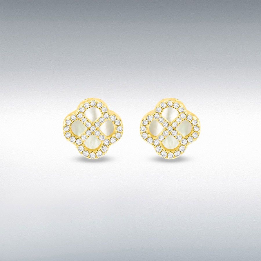 Sterling Silver Yellow Gold Plated Clover Mother Of Pearl and White CZ Stud