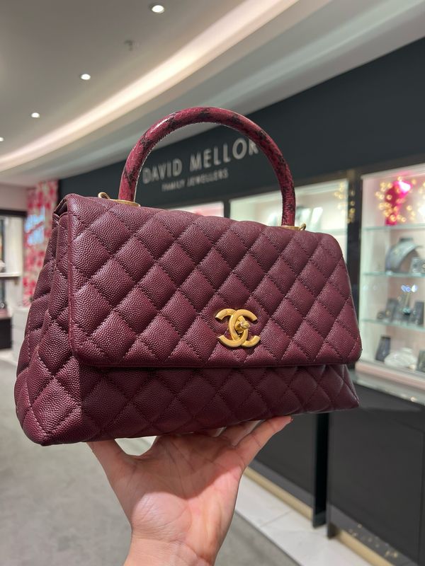 Pre-Owned Chanel Small Coco Handle in Burgundy Caviar/Elaphe Snake Top Handle