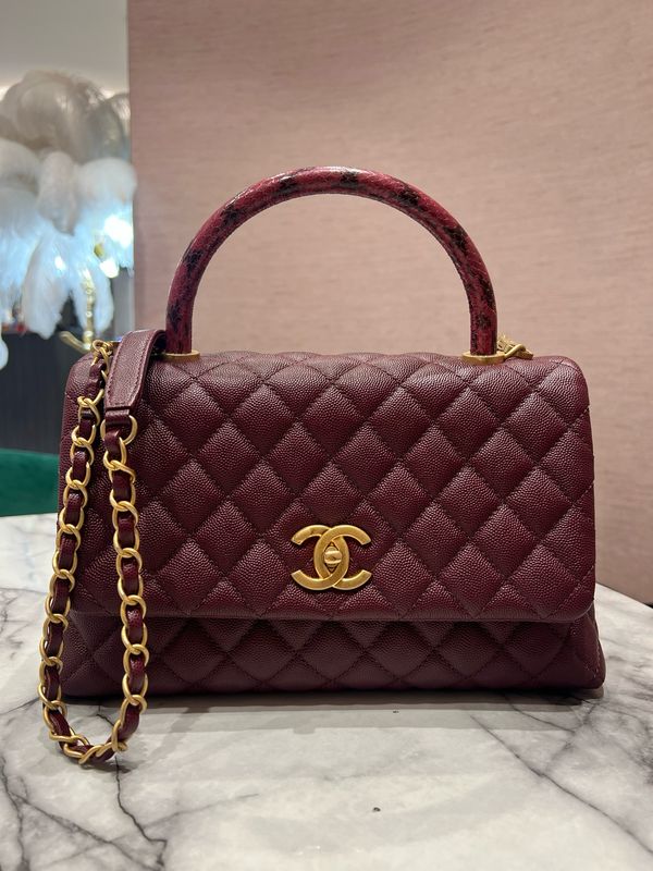Pre-Owned Chanel Small Coco Handle in Burgundy Caviar/Elaphe Snake Top Handle