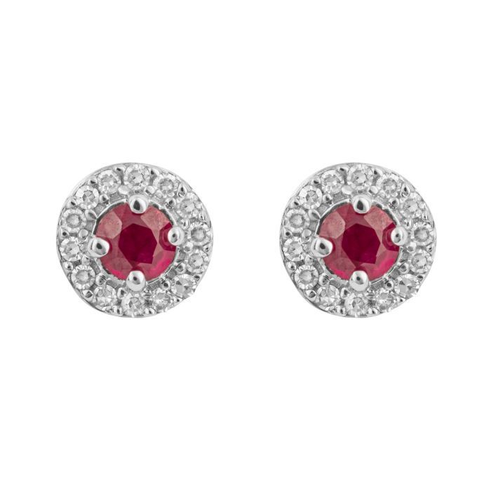 9ct White Gold Round Ruby Stud Earrings with Diamond Surround
