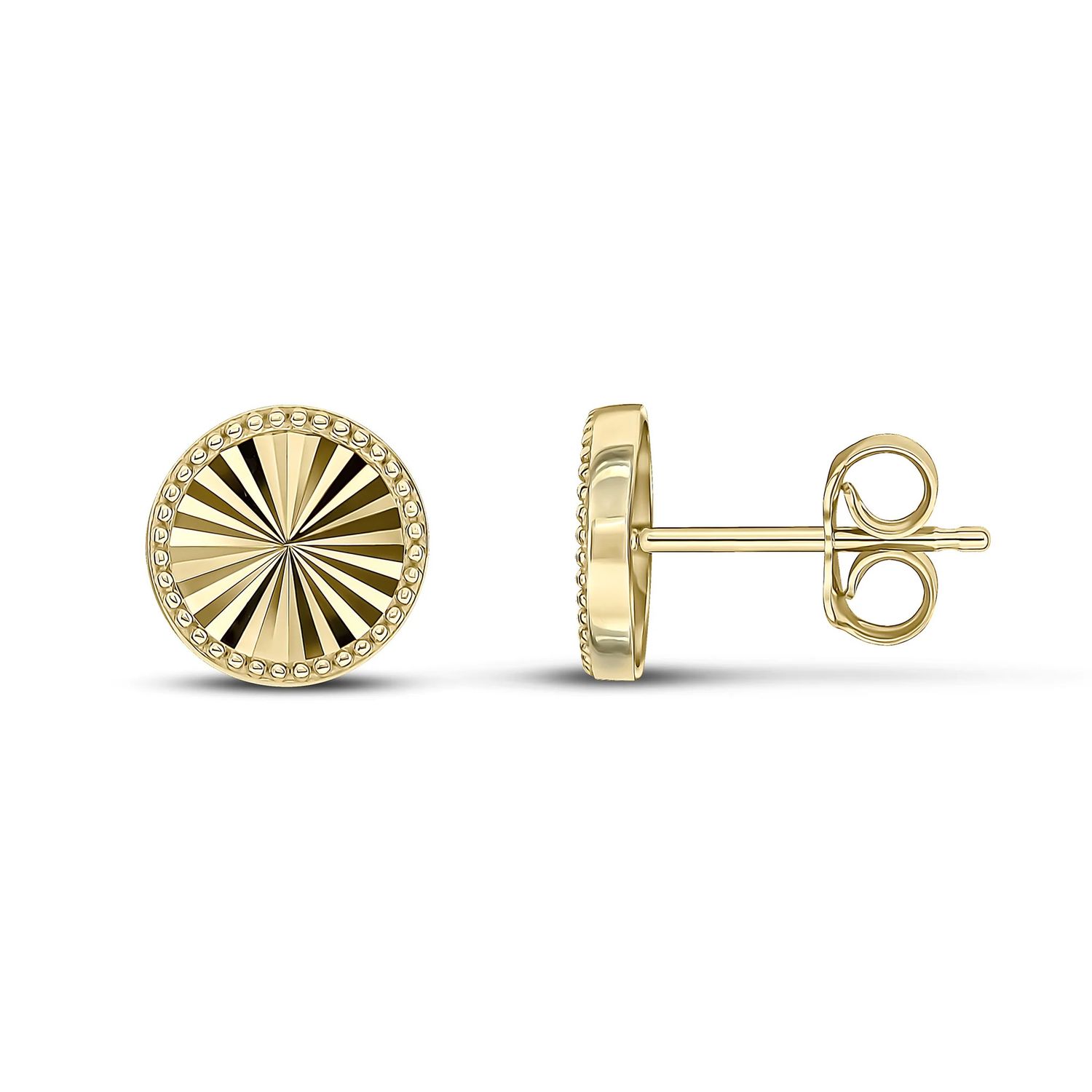 9ct Yellow Gold Diamond Cut Beaded Edge Round Stud Earrings 9mm
