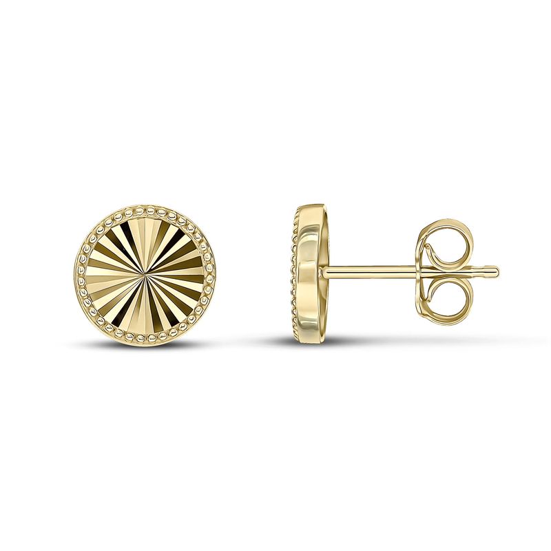 9ct Yellow Gold Diamond Cut Beaded Edge Round Stud Earrings 9mm