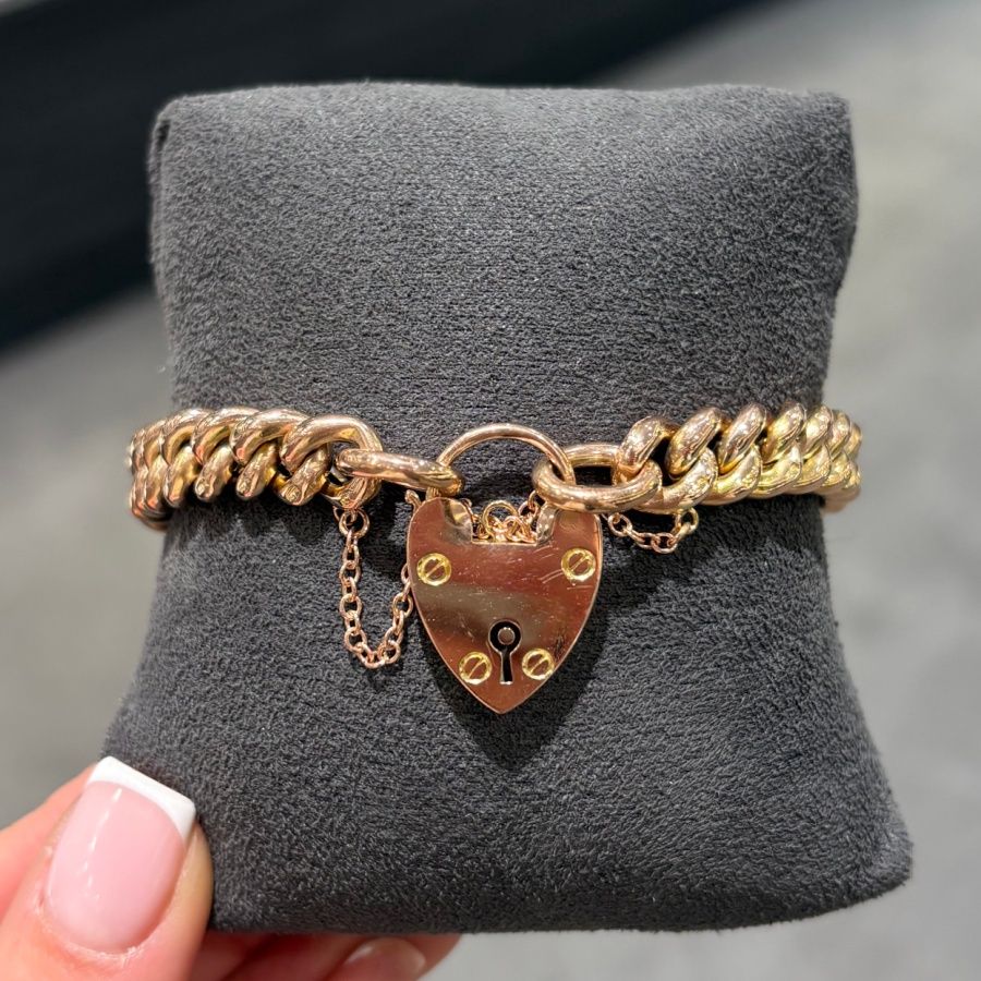 Pre-Owned 9ct Rose Gold Vintage Curb Bracelet with Padlock