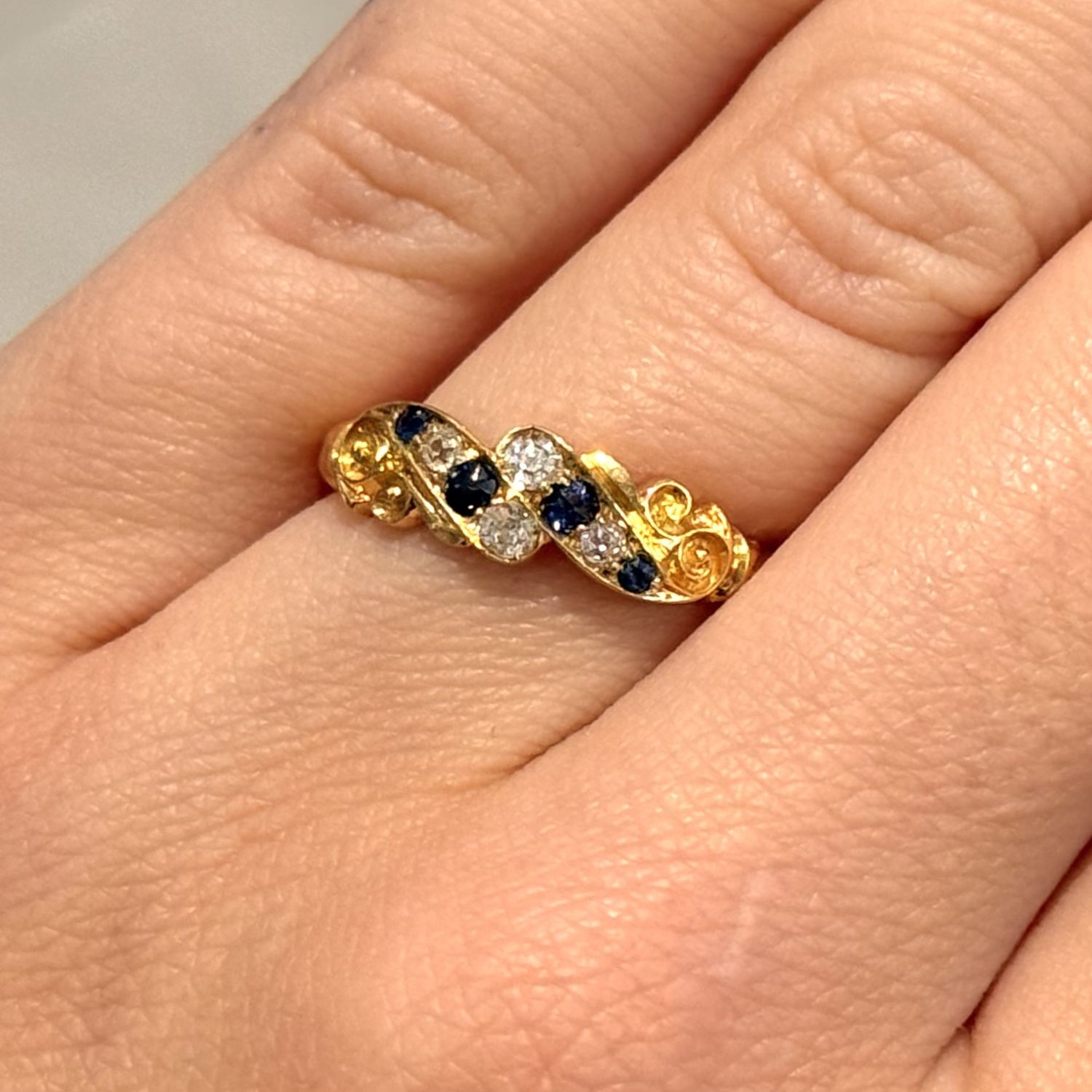 Pre-Owned 18ct Yellow Gold Victorian Sapphire &amp; Diamond Scroll Ring Circa 1896