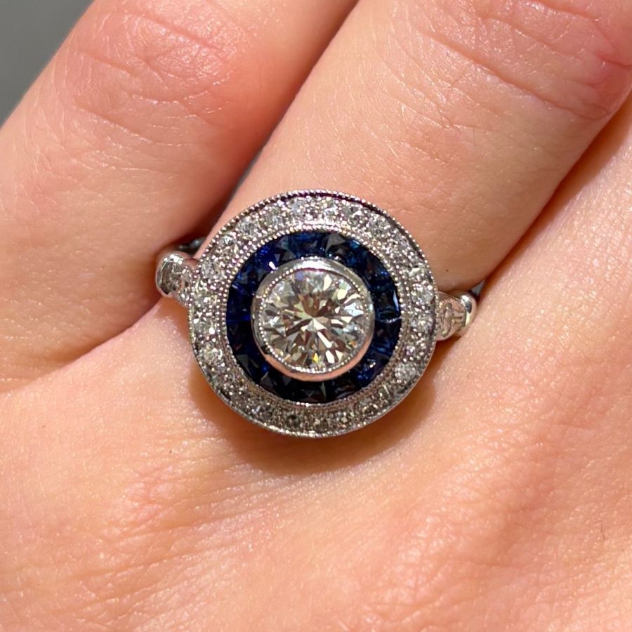 Pre-Owned Vintage 0.96ct Diamond &amp; 0.56ct Calibre Cut Sapphire Target Ring