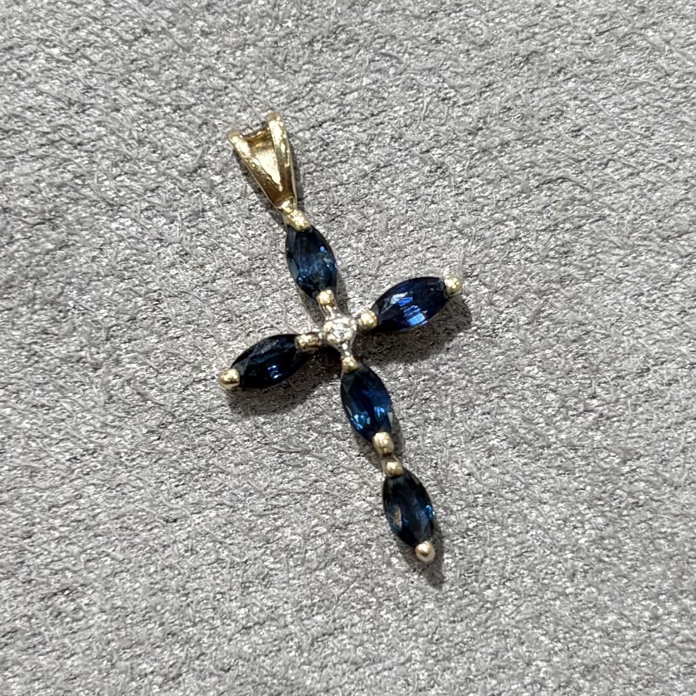 Pre-Owned 9ct Yellow Gold Sapphire &amp; Diamond Cross Pendant
