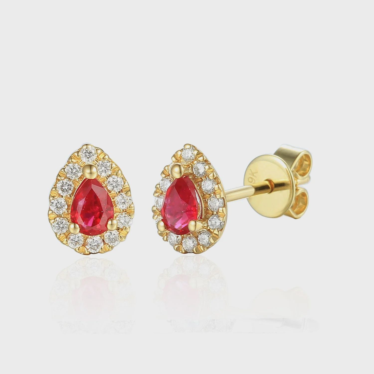July Birthstone Pear Shape Ruby and Diamond Cluster Studs