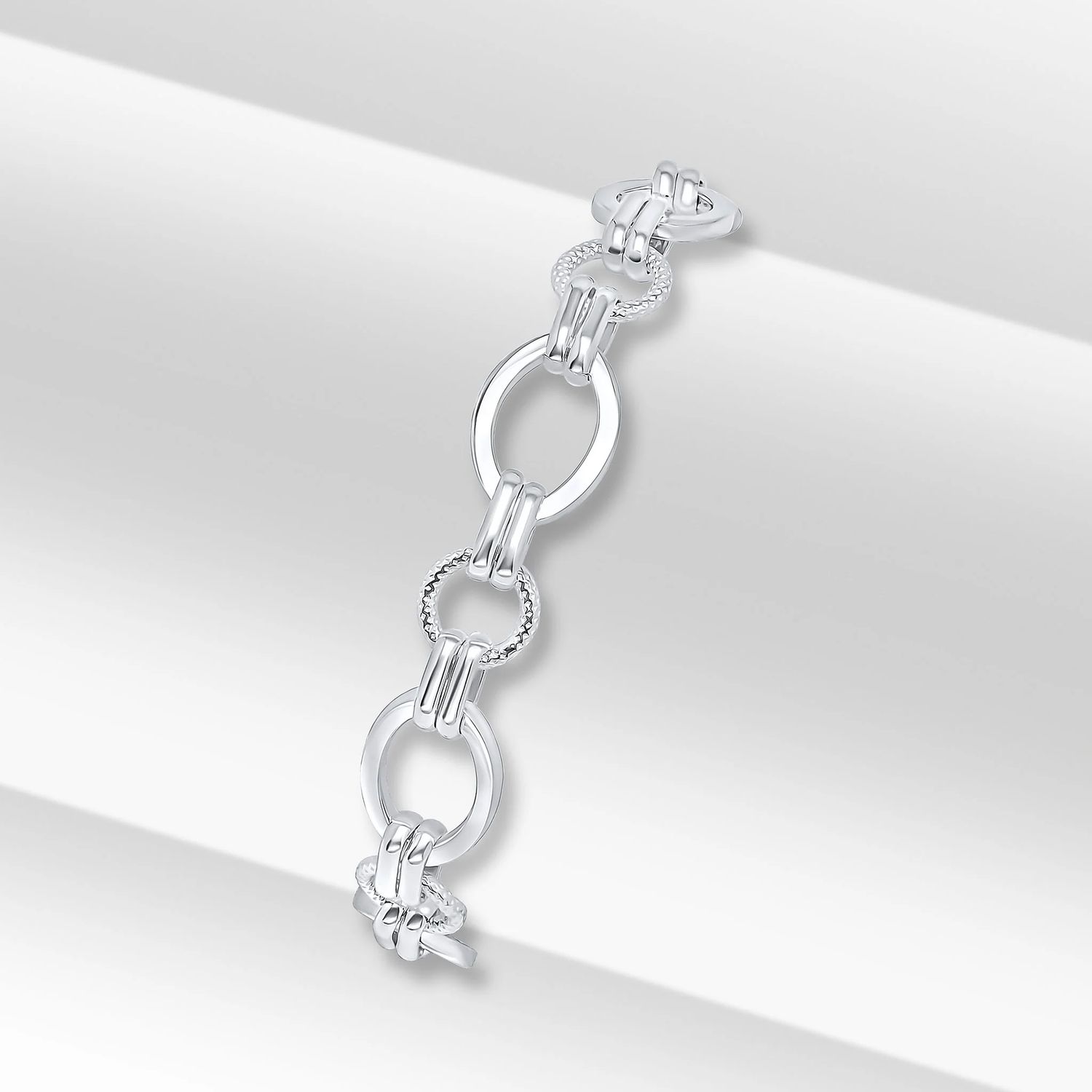 Sterling Silver Handmade Double Oval &amp; Round Textured Link Bracelet