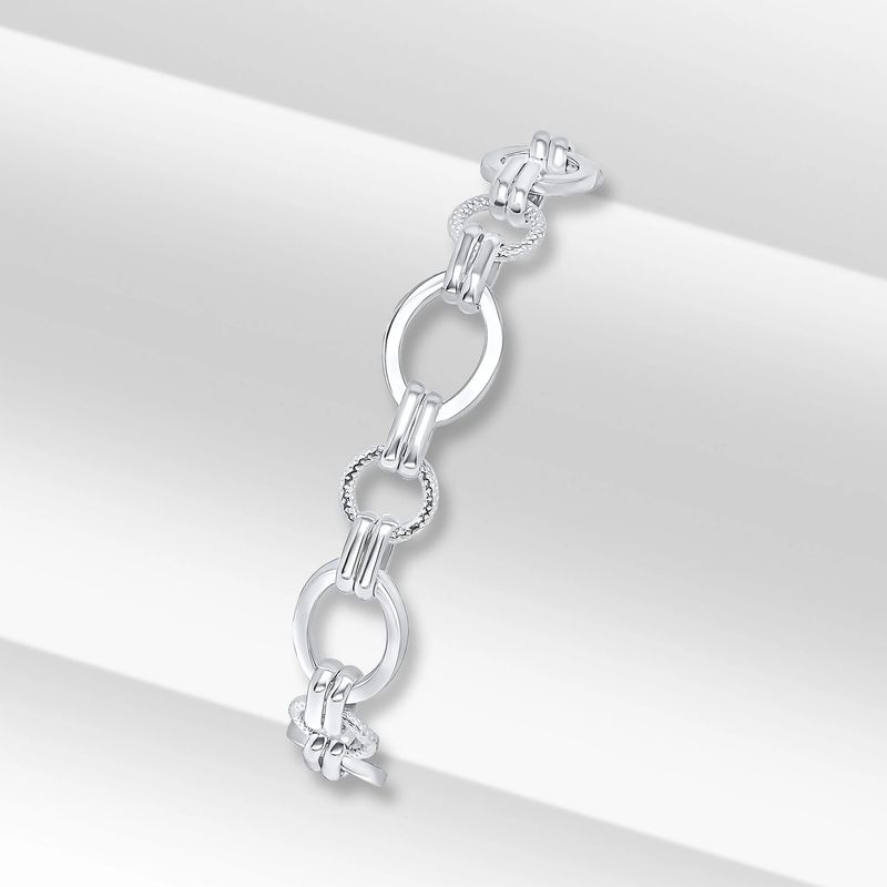 Sterling Silver Handmade Double Oval &amp; Round Textured Link Bracelet