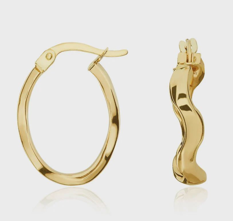 9ct Yellow Gold Polished Wavy Oval Hoop Earrings 21x15.5mm