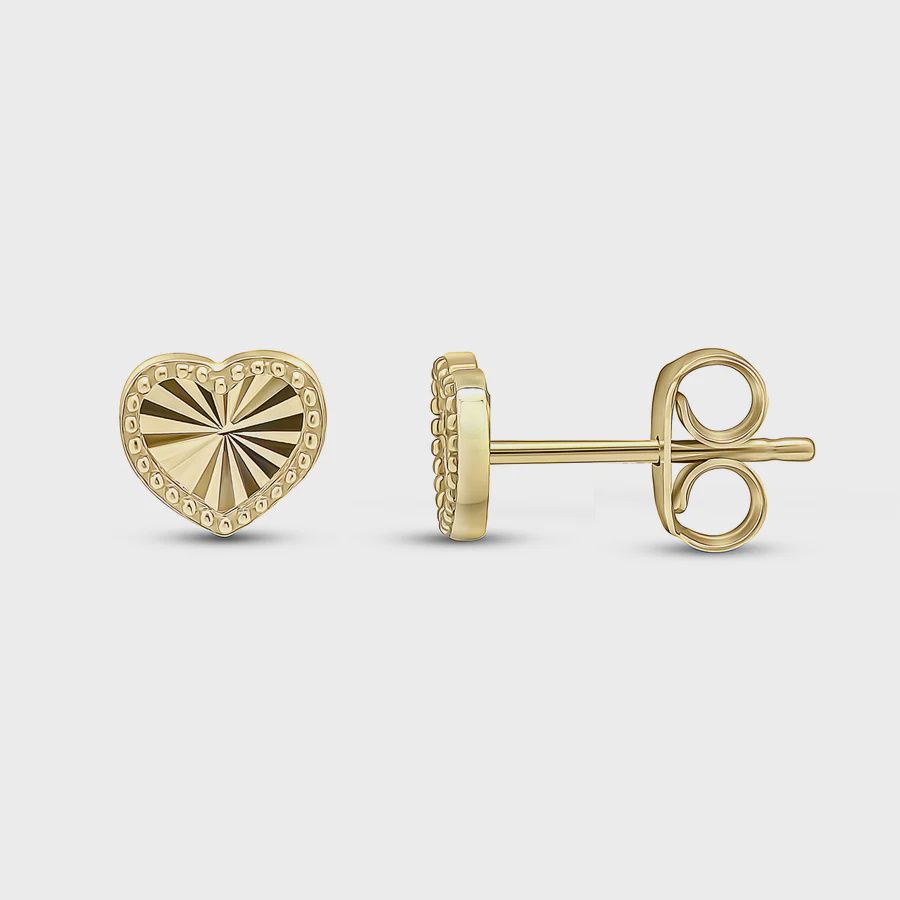 9ct Yellow Gold Diamond Cut Beaded Edge Heart Stud Earrings 6.5mm