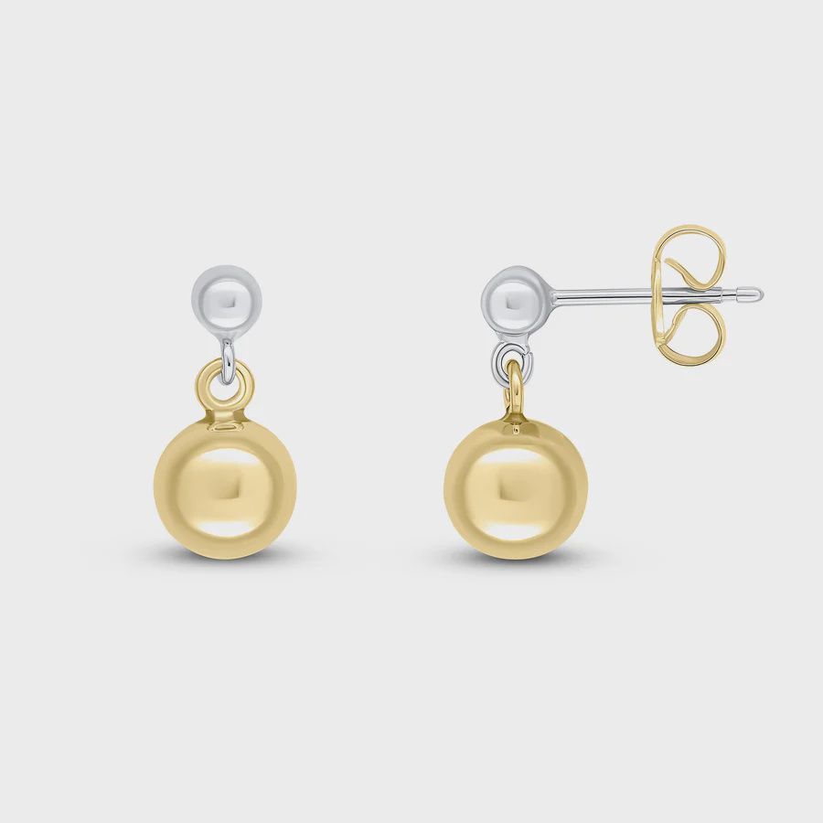 9ct White Gold 3mm &amp; Yellow Gold 6mm Polished Ball Drop Earrings