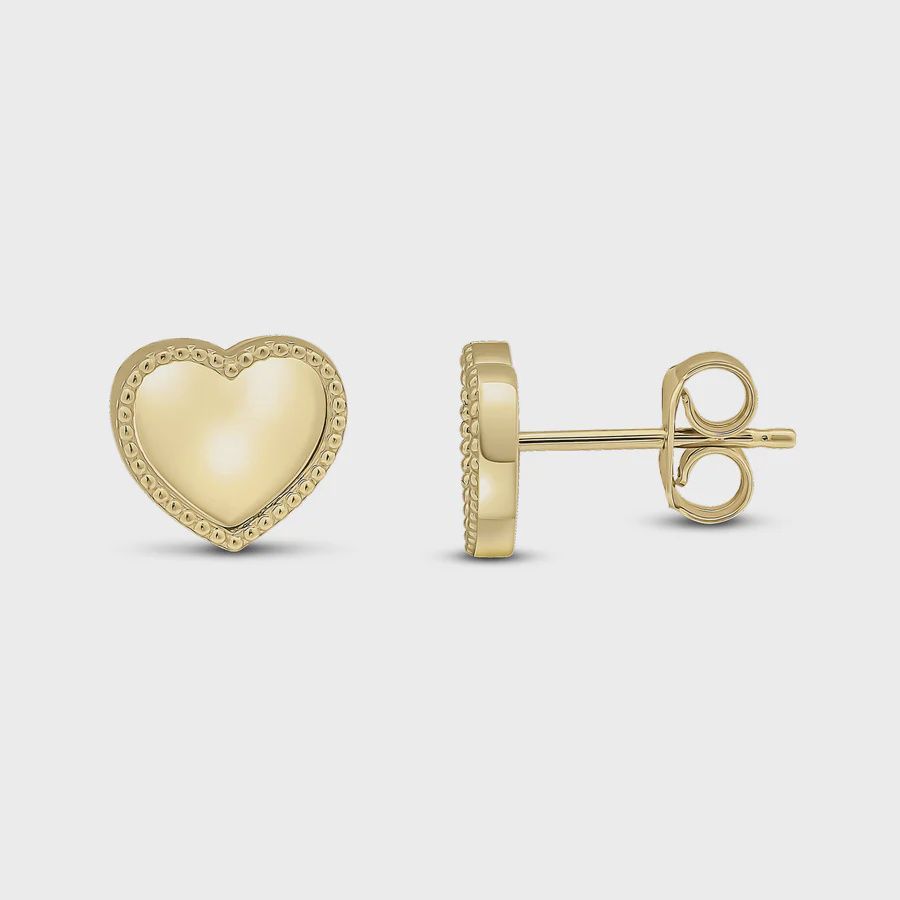 9ct Yellow Gold Beaded Edge Heart Stud Earrings 9x8mm