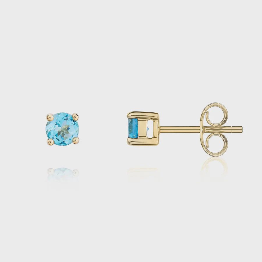 9ct Yellow Gold Round Swiss Blue Topaz Claw Stud Earrings 4mm