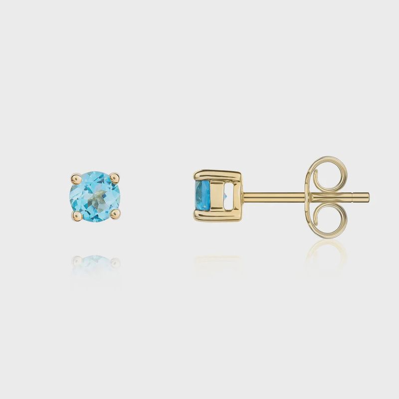 9ct Yellow Gold Round Swiss Blue Topaz Claw Stud Earrings 4mm