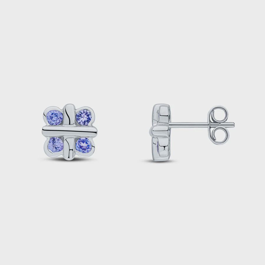 9ct White Gold Round Tanzanite Rubover Quatrefoil Stud Earrings with Cross Centre