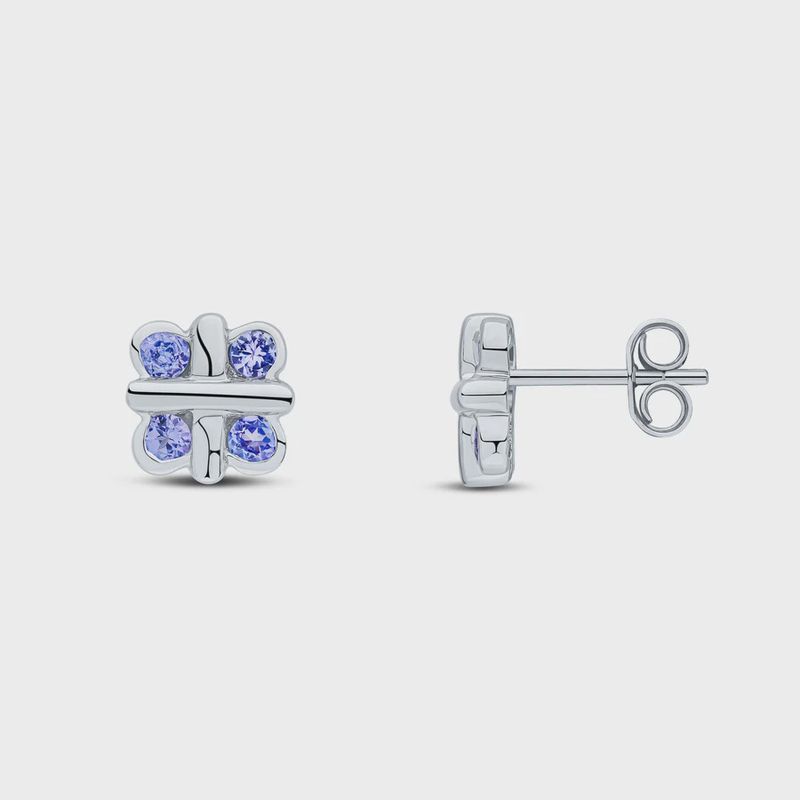 9ct White Gold Round Tanzanite Rubover Quatrefoil Stud Earrings with Cross Centre