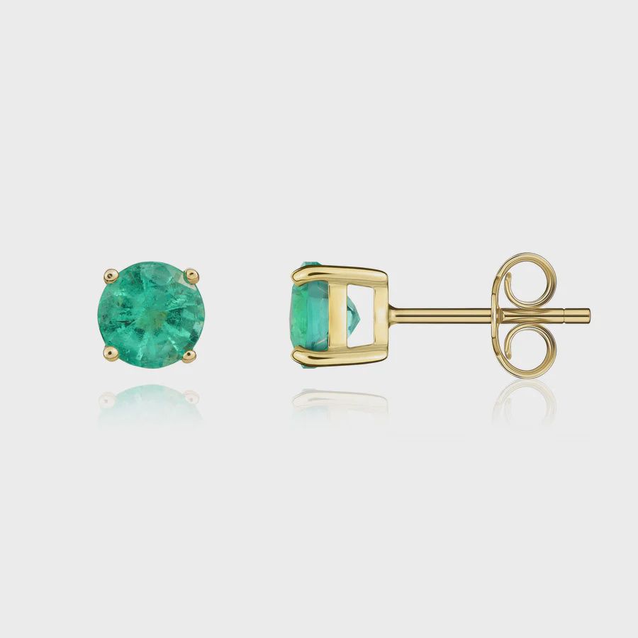 9ct Yellow Gold 5mm Round 0.94ct Emerald Stud Earrings
