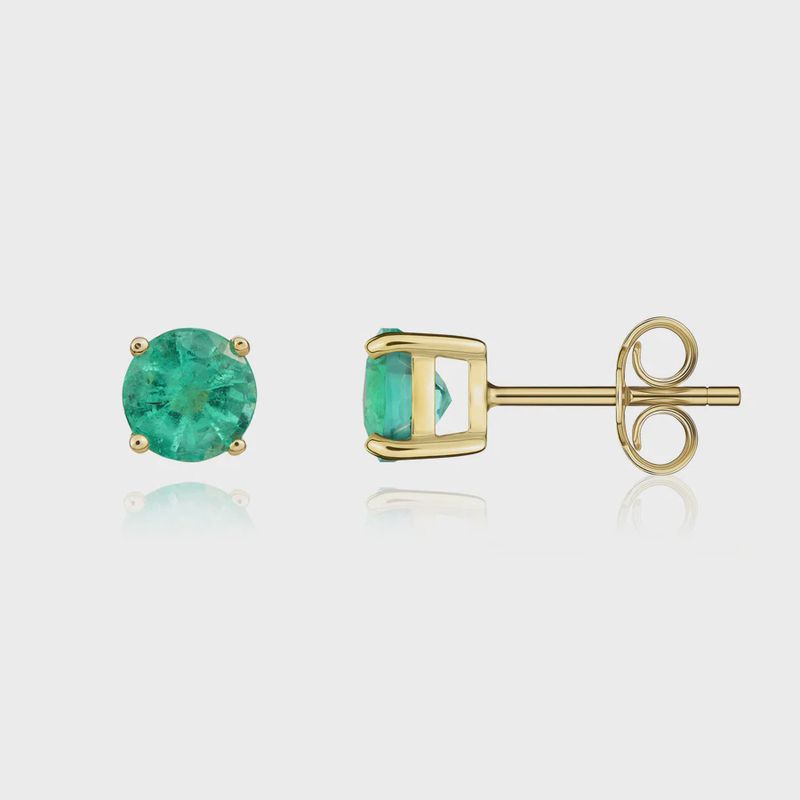 9ct Yellow Gold 5mm Round 0.94ct Emerald Stud Earrings