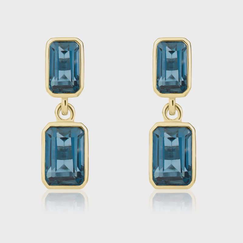 9ct Yellow Gold Octagonal London Blue Topaz Double Stone Rubover Drop Earrings
