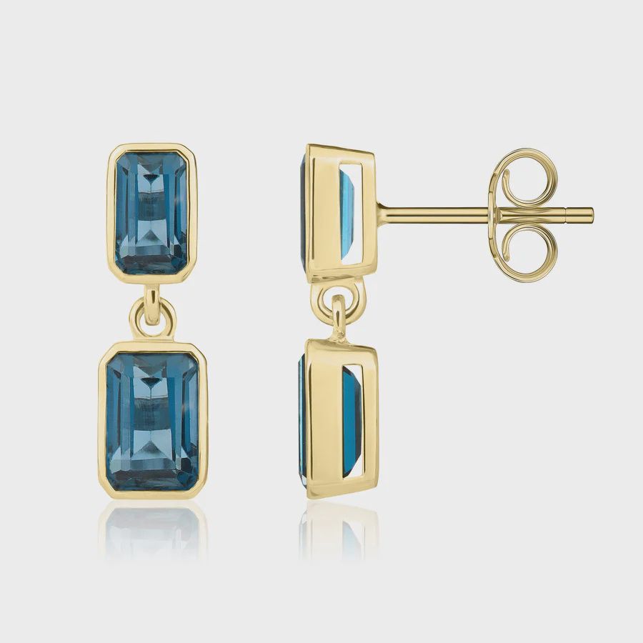 9ct Yellow Gold Octagonal London Blue Topaz Double Stone Rubover Drop Earrings