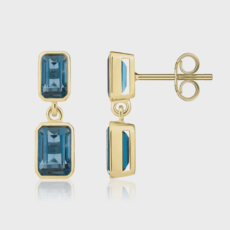 9ct Yellow Gold Octagonal London Blue Topaz Double Stone Rubover Drop Earrings
