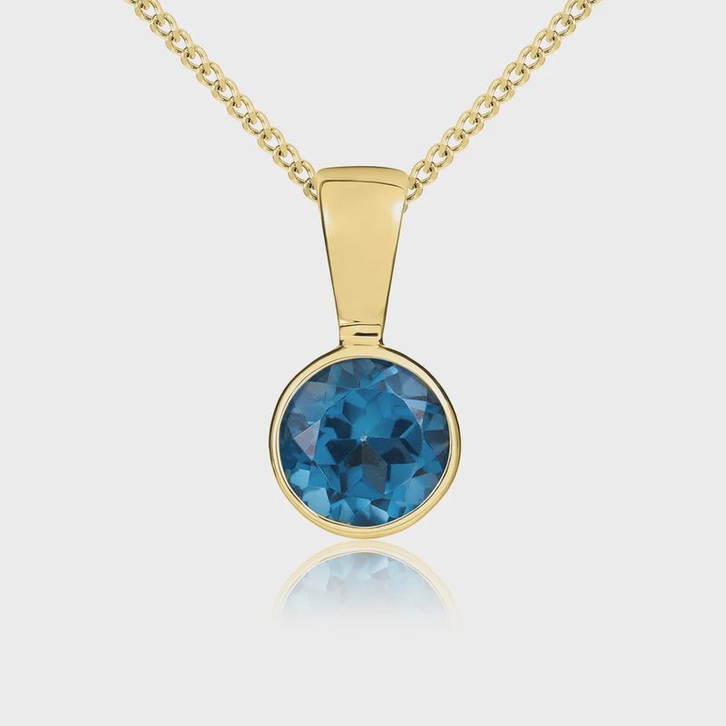 9ct Yellow Gold Round London Blue Topaz Rubover Pendant 5mm