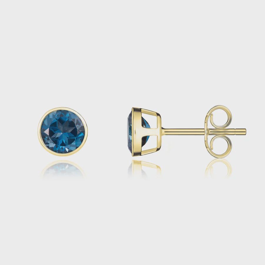 9ct Yellow Gold Round London Blue Topaz Rubover Stud Earrings 5mm