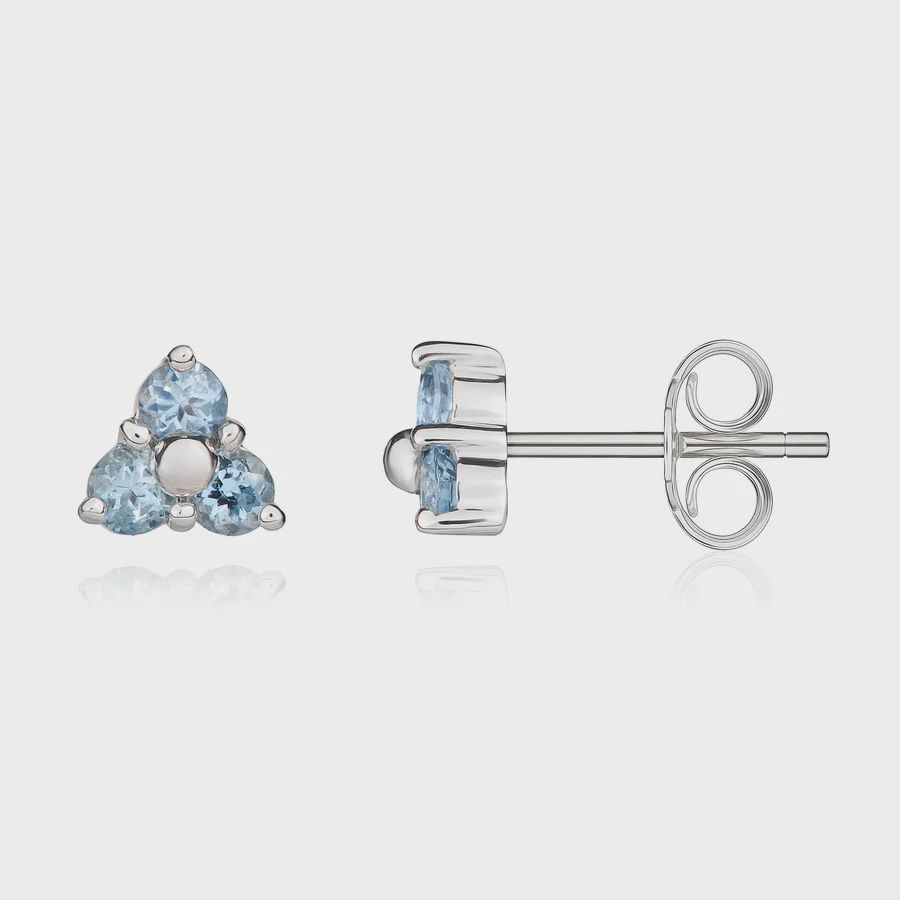 9ct White Gold Round Aquamarine Trefoil Stud Earrings