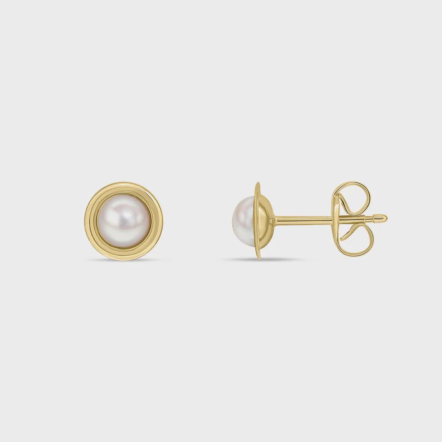 9ct Yellow Gold Flat Polished Border with 4.5mm Button Pearl Stud Earrings
