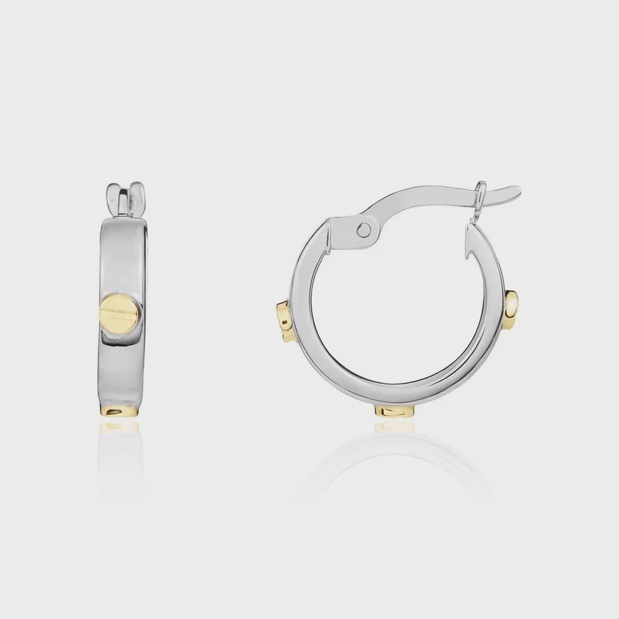 9ct Two Tone White &amp; Yellow Gold Round Hoop Earrings with Screws 14.5x3mm