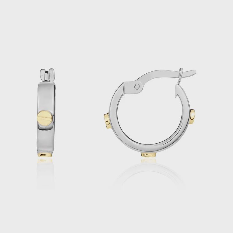 9ct Two Tone White &amp; Yellow Gold Round Hoop Earrings with Screws 14.5x3mm