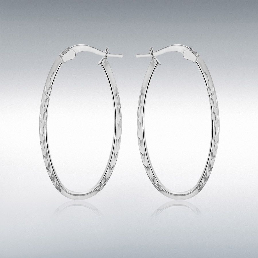 Sterling Silver 17mm x 33mm Patterned Oval Hoop Earrings