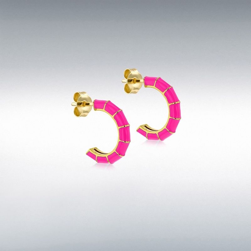 Sterling Silver Yellow Gold Plated 3mm x 16.5mm Pink Enamel Half-Hoop Stud Earrings