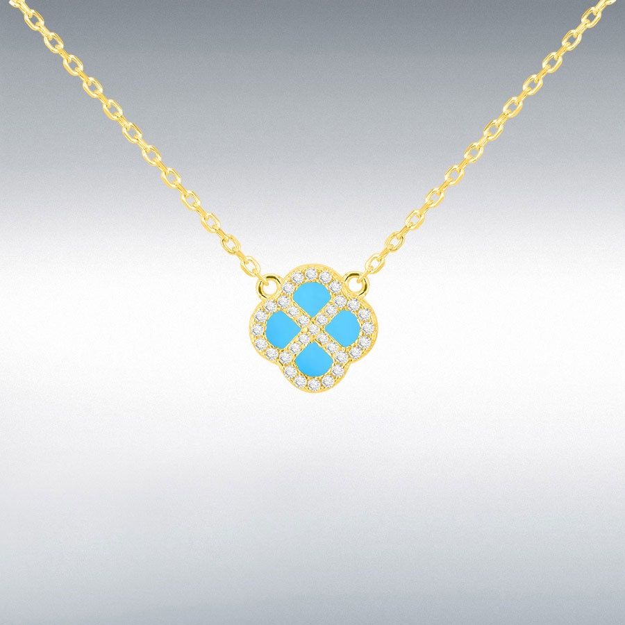 Sterling Silver Yellow Gold PlatClover Synthetic Turquoise and White CZ Adjustable Necklace