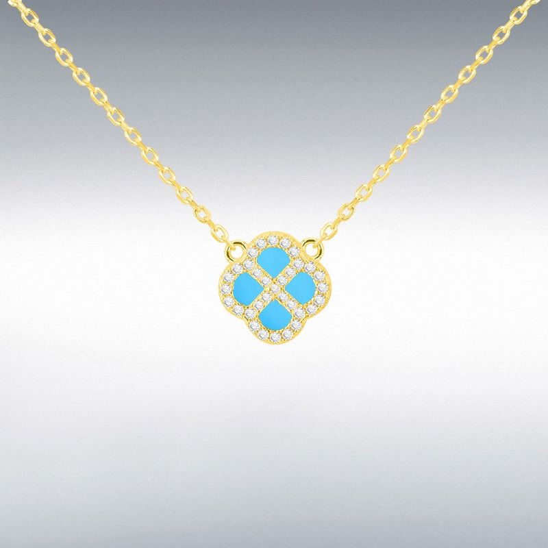 Sterling Silver Yellow Gold PlatClover Synthetic Turquoise and White CZ Adjustable Necklace