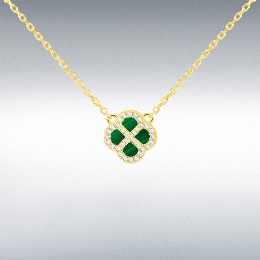 Sterling Silver Yellow Gold Plated Clover Malachite and White CZ Adjustable Necklace